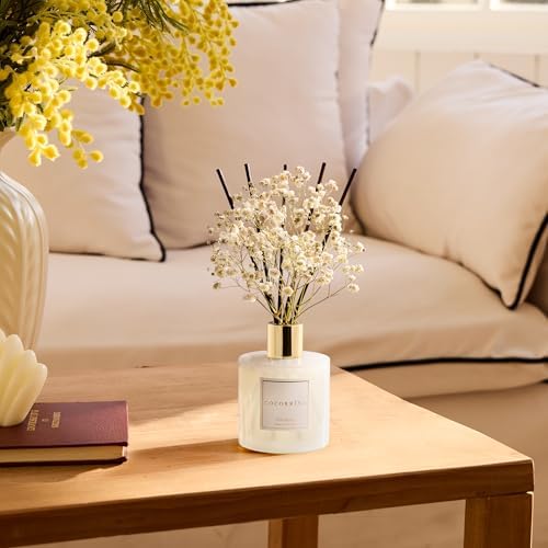 COCORRÍNA Reed Diffuser - Gardenia 6.7 Fl.oz Reed Diffuser Set with Sticks & Preserved Baby's Breath, Reed Diffuser for Home Bathroom Shelf Decor