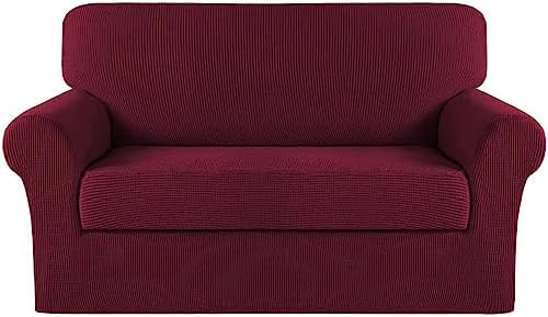Turquoize Stretch Sofa Slipcover 2 Pieces Sofa Cover Couch Cover for 2 Cushion Couch Washable Furniture Protector Covers with Elastic Bottom Feature Thick Jacquard Fabric (Loveseat, Burgundy)