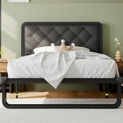 Einhomn Twin Size Bed Frame with Linen Tufted Headboard, Heavy Duty Metal Platform Bed Frame with U-Shaped Foundation, 12" Underbed Space, Noise Free, No Box Spring Needed, Easy Assembly, Dark Grey