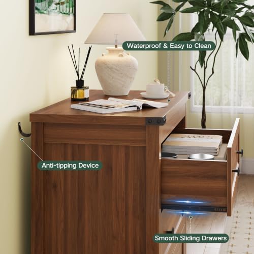 Farmhouse Nightstand with 3 Drawers, Wood Bedside Table, Walnut