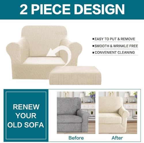 Turquoize 2 Piece Chair Covers Chair Slipcovers for Living Room Small Armchair Cover with Arms Washable Furniture Cover for Chairs Feature Thick Jacquard Fabric (Small Armchair, Biscotti Beige)