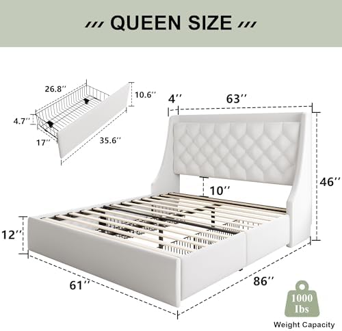 Feonase Upholstered Queen Size Bed Frame with 4 Storage Drawers, Charging Station, Tufted Wingback Storage Headboard, No Box Spring Needed, Easy Assembly, White