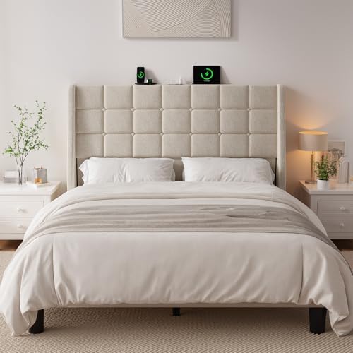 ONBRILL Ergonomic Headboard Queen Size with Charging Station, Off White