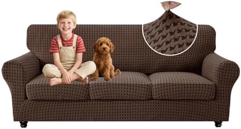 MAXIJIN 4 Pieces Stretch Couch Covers for 3 Cushion Sofa Pet Friendly Couch Cover for Dogs Washable Sofa Slipcovers Thick Soft Furniture Protector with Non Slip Strap (Brown, 71"-91")