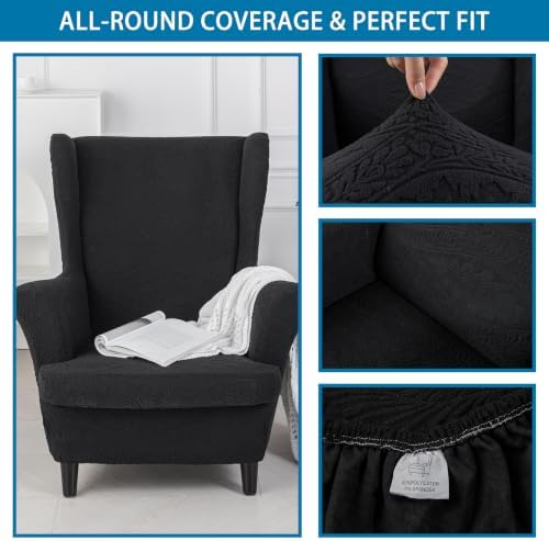 HZDHCLH Wingback Chair Slipcovers 2 Piece Stretch Spandex Chair Covers Washable Armchair Protector with Elastic Fit for Living Room Bedroom Black Embossed Leaf Pattern