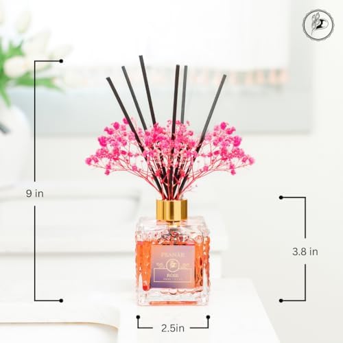 PEANÄK Reed Diffuser Set - Sandalwood Rose Fragrance 6.7oz (200 ml) - Real Preserved Flowers & 8 Reed Sticks for Bathroom Shelf Decor Home Diffuser & Office Scent with Long Lasting Gift Scent