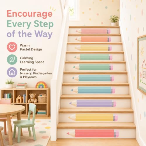 Cinrobiye 12 Pcs Pastel Pencil Classroom Stair Decals, Wall Stickers for Back to School Decor, Teacher Classroom Decorations for Kindergarten, Nursery, Door, Wall, Bulletin Board and Learning Spaces