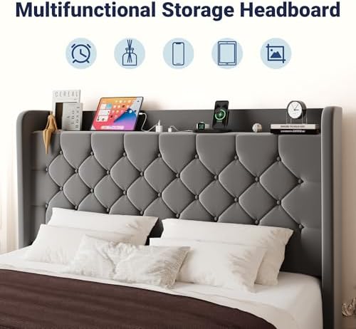 Allewie Full Bed Frame, Storage Headboard & Charging Station, Grey