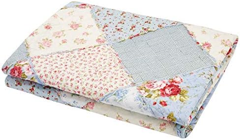 Cozyholy Original 100% Cotton Quilt Blue Floral Patchwork Quilts Quilted Throw Blanket, Reversible Bedspread Coverlet Vintage Shabby Chic Cottage Bedding Quilt for Bed Couch Sofa