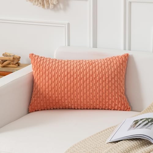 Kevin Textile Soft Corduroy 12"x20" Lumbar Pillow Covers 2 Pack, Coral Red