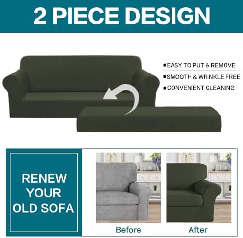 Turquoize Stretch Sofa Slipcover 2 Pieces Sofa Cover Couch Cover for 3 Cushion Couch Washable Furniture Protector Covers with Elastic Bottom Feature Thick Jacquard Fabric (Sofa, Olive)
