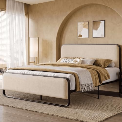 Allewie Full Metal Bed Frame with Upholstered , Beige