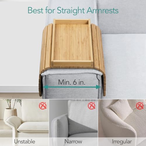 DETOR Couch Tray with Spacious 12.4" x 5.4" Storage Box, Natrual Bamboo Finish, Enhanced Non-Slip Felt Bottom, Sturdy Bamboo Slats, Fits Armrests 6" and Wider
