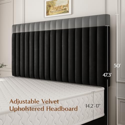 50" Tall Full Size Bed Frame with Adjustable Headboard, Upholstered Platform Full Bed Frame with Charging Station & LED Lights, Modern Luxury Velvet Tufted Bed, No Box Spring Needed, Black