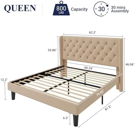 Allewie Queen Size Bed Frame with Button Tufted Wingback Headboard, Beige