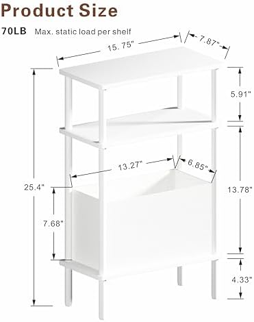Narrow Side Table with Fabric Basket, Set of 2 End Table for Small Spaces, Slim Nightstand with 3-Tier Storage Shelf, Sofa Beside Table, for Living Room, Bed Room, Natrual White