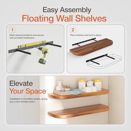 BATODA 24" Acacia Wood Floating Shelves Wall Mounted (Round Edge) – Rustic Farmhouse Wooden Wall Storage Shelf for Bedroom, Kitchen - Brackets and Shelving Hardware Included (Acacia,24 Inch Length)