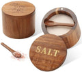 Timtopno Salt Cellar, 2PCS Salt Container Acacia Wood Salt and Pepper Box for Countertop with Built-in Spoon & Swivel Lid, Wood Salt Holder Bowl for Kitchen, Seasoning Storage (Rose & SALT Engraving)