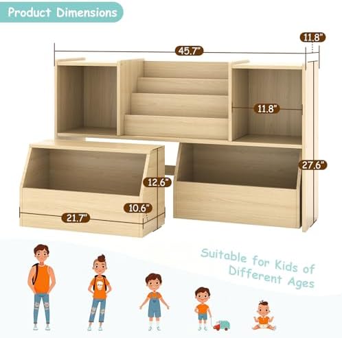 EXPERLAM Solid Wood Kids Bookshelf and Toy Storage Organizer, 3-in-1 Montessori Bookcase with Storage Cubbies and 2 Rolling Toy Bins, Toddler Bookshelf for Kids Room, Playroom, Nursery