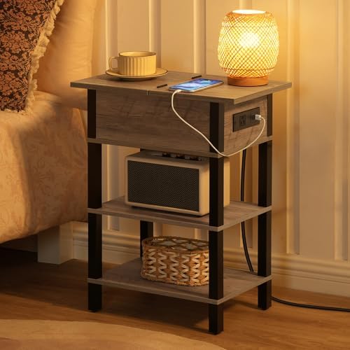 HOOBRO End Table with Charging Station, Flip Top Side Table with USB Ports, Narrow Nightstand Bedside Tables with Storage Shelves, for Small Space, Living Room,Greige and Black BG141UBZ01