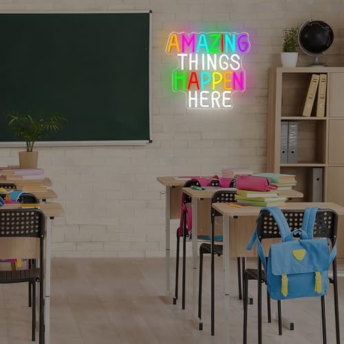 Amazing Things Happen Here Neon Signs for Wall Decor Dimmable Inspirational Classroom Neon Sign School Motivational Neon Lights Classroom Led Sign