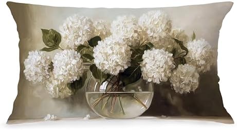 Vintage White Hydrangea Floral Pillow Cover 12x20, Country Farmhouse Neutral Floral Still Life Decorative Lumbar Pillow Cover for Couch Bed Living Room Bedroom