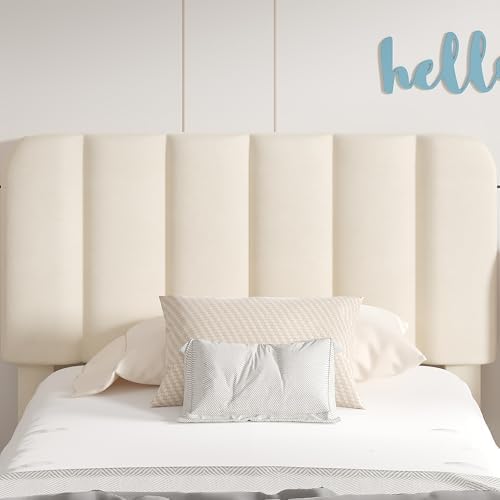 VECELO Twin Size Upholstered Bed Frame with Drawer and Headboard, Velvet Platform Storage Bedframe, Wooden Slats Support, No Box Spring Needed,Bone Beige