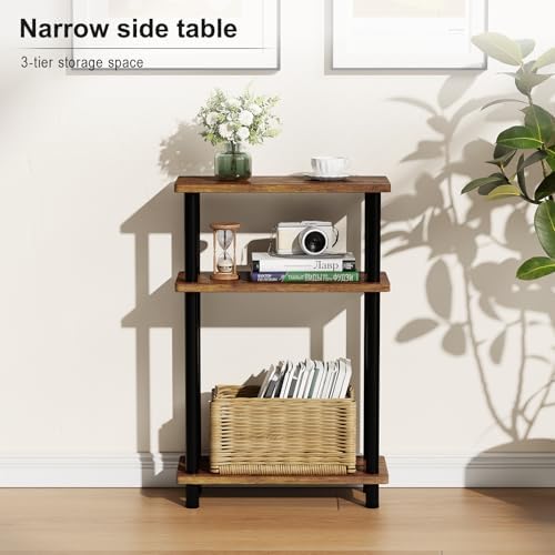 Apicizon Small Narrow Side Table, 3-Tier Skinny End Table, Brown and Black