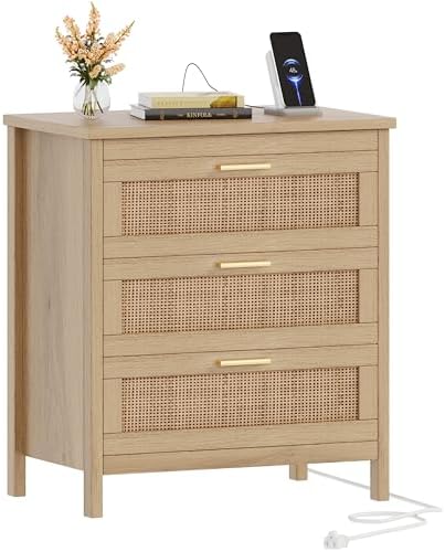 Keehusux Rattan Nightstand with Charging Station and 3 Drawers, Natural