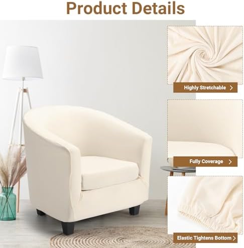 Barrel Chair Covers 2 Piece, Round Couch Covers Club Chair Slipcover with Cushion Cover, Beige Soft Stretch Armchair Slipcovers with Elastic Bottom Washable Furniture Protector for Pet Dog