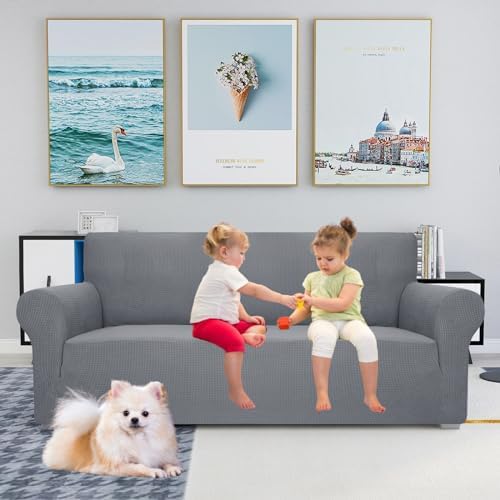 JIVINER High Stretch Couch Covers for 3 Cushion Couch 1-Piece Jacquard Sofa Slipcovers Fitted Washable Sofa Covers with Elastic Bottom Furniture Protector for Kids Pets (Sofa, Light Gray)