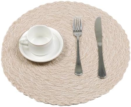 SHACOS Round Braided Placemats 15 inch Set of 6 Thick Boho Kitchen Table Placemats for Home Wedding Party (T-Beige, 6)