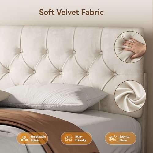 Full Size Bed Frame with Headboard, Luxury Velvet Fabric Upholstered Bed frame with Button Tufted Design, Strong Wooden Slats Support - Low & Sturdy, Noise-Free, No Box Spring, Easy Assembly, Beige