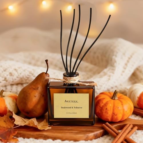 Reed Diffuser, Teakwood & Tobacco Essential Oil Diffuser with Dried Flowers, 3.4 oz Musk Scented Oil, Handmade Home Decor Air Freshener, Long-Lasting Room Scent for Office, Bathroom