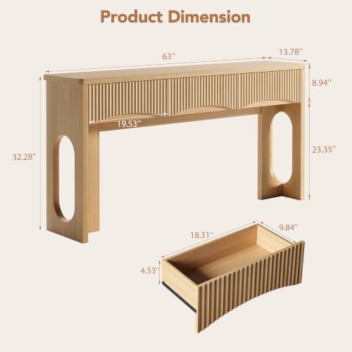 63" Fluted Console Table with 3 Storage Drawers,Oak
