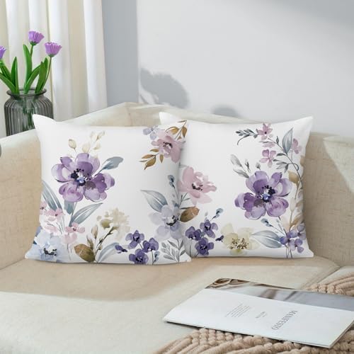 Bonhause Watercolor Floral Throw Pillow Covers 18 x 18 Inch Purple Pink