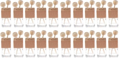 20 Pack,8ml Clear Glass Car Air Freshener Perfume Clip Diffuser,Empty Essential Oil Perfume Vials Diffuser Vent Outlet,Thick Glass Ornament with Wooden Caps,Free Funnel,Dropper