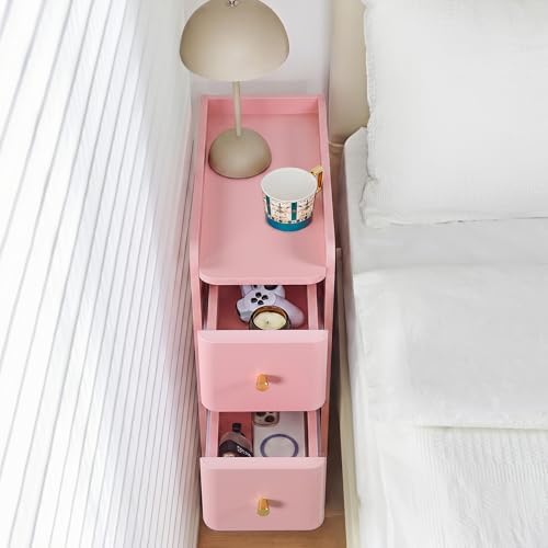 FurSch Narrow Nightstand, Wooden 2 Drawer, Slim Side End Table, Pink, 1 pc