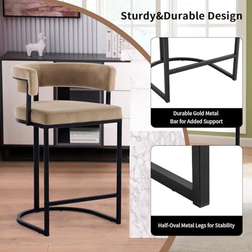 Set of 4 Brown Modern Velvet Bar Stools with Barrel Backrest, Upholstered Seat, and Black Metal Footrest – 25.6-Inch Seat Height, Ideal for Counters, Home Bars, and Kitchen Islands