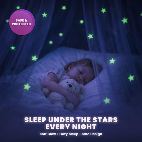 Bollepo Pink Bed Canopy for Girls with Glowing Stars - Premium Canopy Bed | Fits Single, Twin, Full, Queen Size Kids Bed, Princess Netting Room Decor, Ceiling Tent to Cover Toddler, Canopy for Bed
