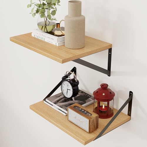 Axeman Deep Floating Shelves, 12 Inch Deep Rustic Oak Floating Wall Shelves Set of 2, 16W x 12D Large Floating Shelves Living Room Cleanning Room Laundry Room Garage - Oak with Black Brackets