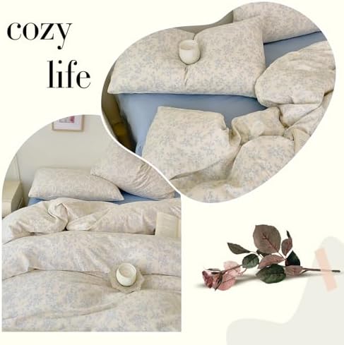 HighBuy Muslin Duvet Cover Queen Bedding Set,Comfy Soft Gauze Chic Blue Floral Print Quilt Comforter Cover with 2 Pillowcases,French Country Floral Bedding Set Zipper Closure,All Season