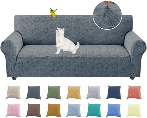 YEMYHOM 1 Piece Stretch Couch Covers for 3 Cushion Couch, Jacquard Sofa Cover with Non-Slip Elastic Bottom, Thickened Slipcover Furniture Protector for Dogs Pets (Large, Dark Gray）