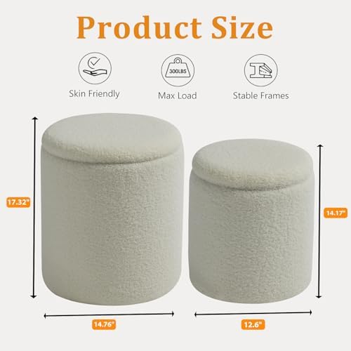 BLEXA Set of 2 Round Storage Ottoman, White Sherpa Ottoman with Storage