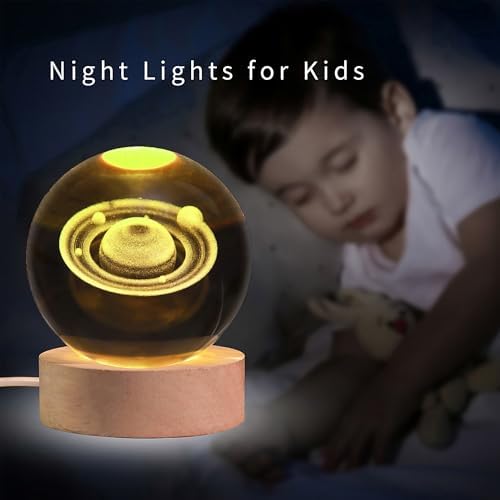 3D Saturn Crystal Ball with LED Stand, Remote Control, 16 Colors Change, Crystal Saturn Sphere Lamp, Decorative Glass Ball Paperweight Gifts(80mm)