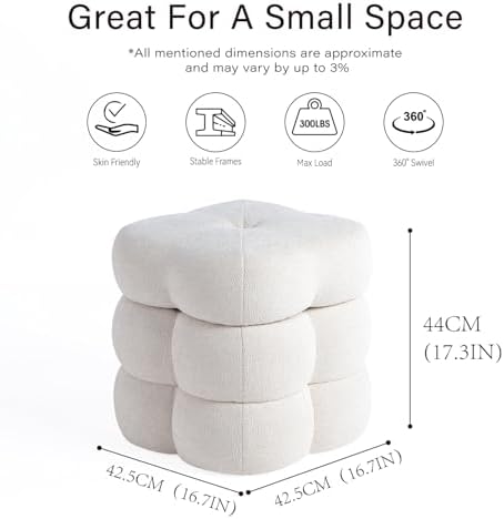 Get Set Style 360° Swivel Flower Ottoman, Linen Vanity Stool Footrest with 300LBS Capacity, No Assembly Small Space Accent Chair for Living Room Bedroom Entryway (Warm Ivory)