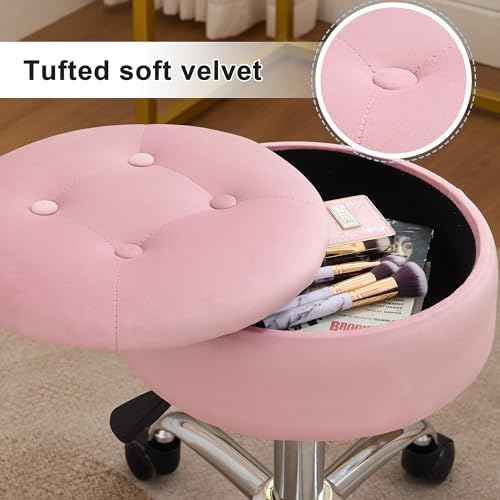 Pink Swivel Vanity Stool With Storage Vanity Chair with Wheels Ottoman