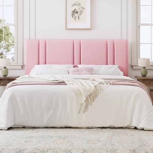 SHA CERLIN King Size Velvet Bed Frame with Adjustable Headboard, Pink