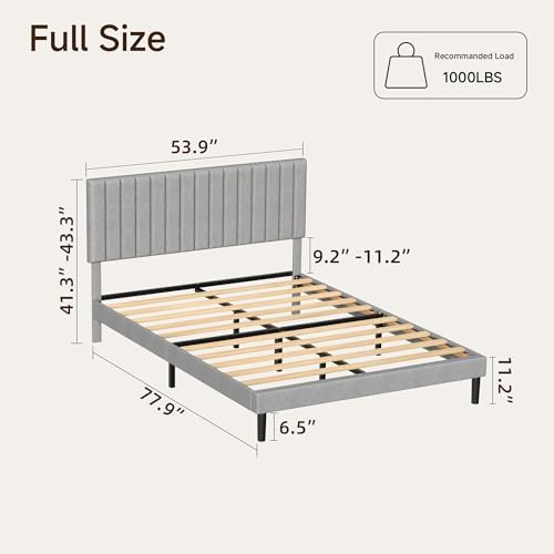 Full Linen Bed Frame with Vertical Channel Tufted Headboard Light Grey