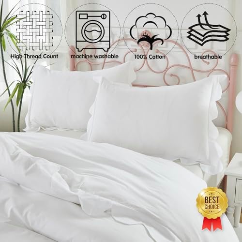Brandream Scalloped Edge Duvet Cover Full/Queen Size 100% Organic Cotton Kid's 3 Pieces Boys Girl Bedding Duvet Cover Shams Set, Delicate Scallop Fringe Solid Color Soft and Breathable (White)